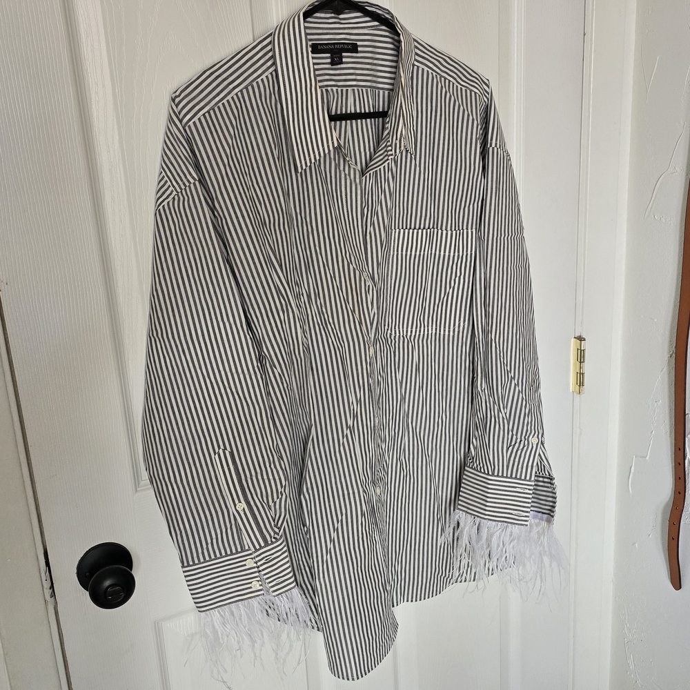 Banana Republic Blue and White Striped Shirt With Feather Cuffs